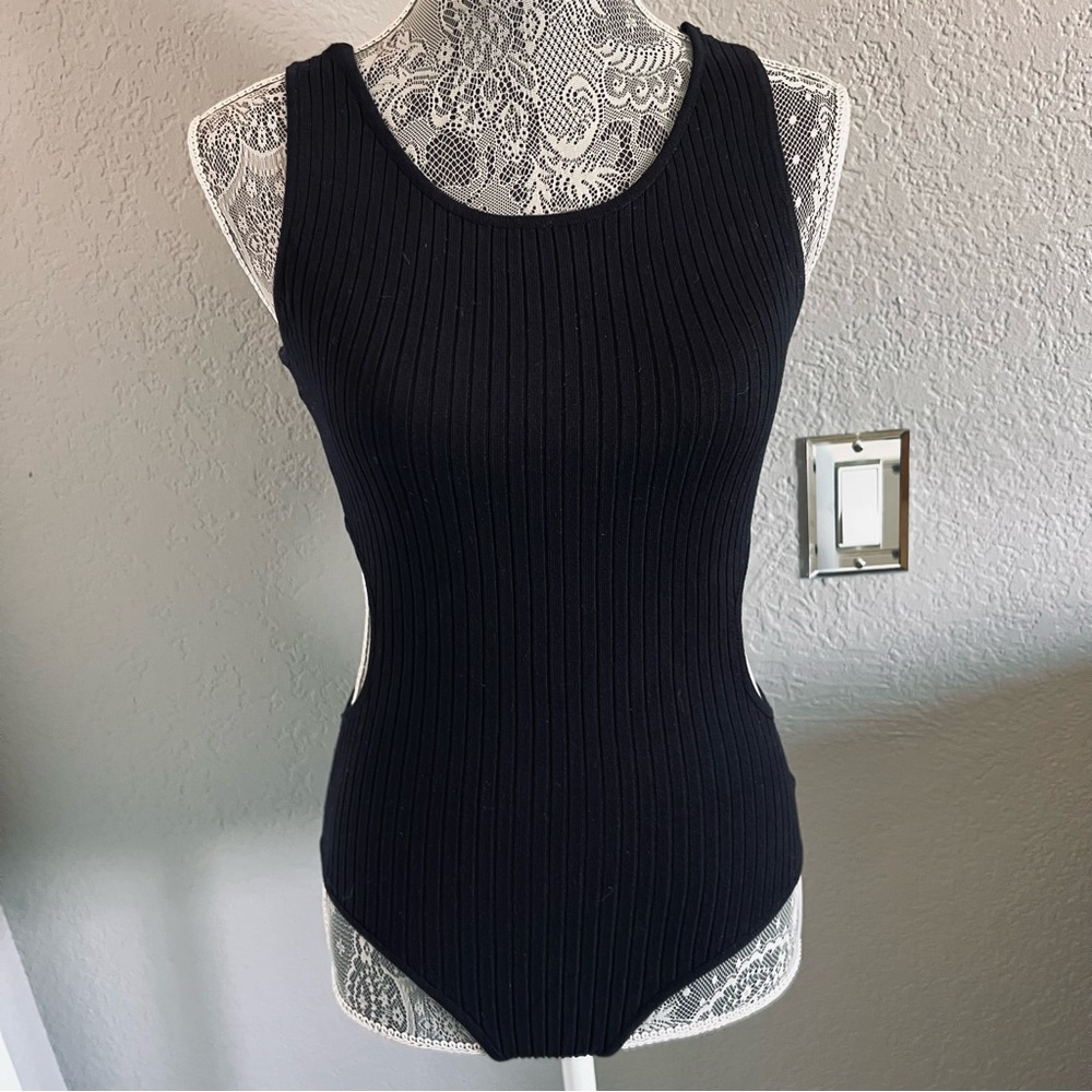 Ribbed Stretch Sweater Side Cut-out Tank Bodysuit